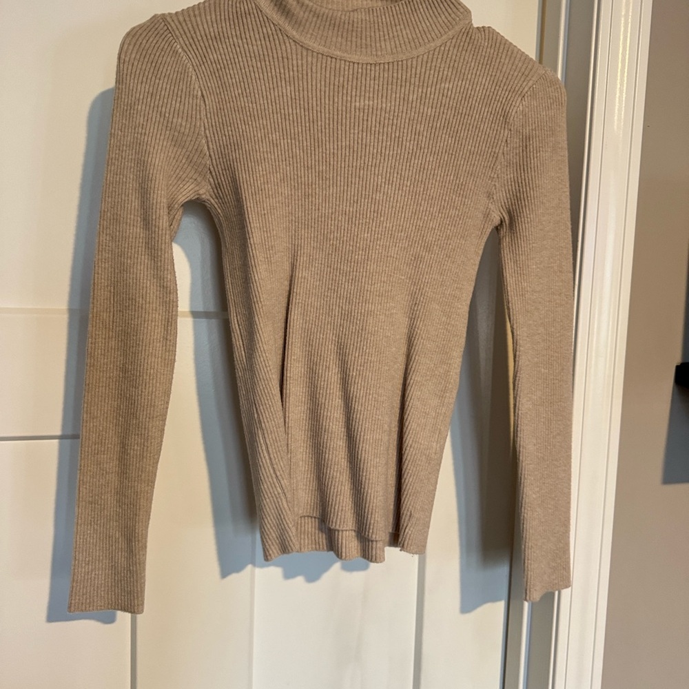 Beige Ribbed Turtleneck Sweater
